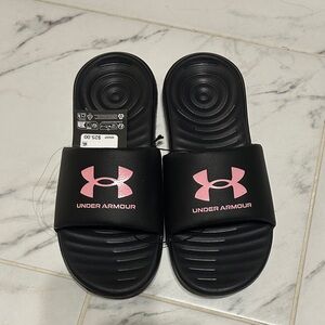Under Armour Black Slide Sandals with Pink Logo . Size 6 and 7